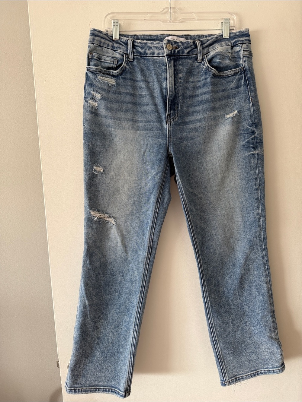 Flying Monkey High Rise Crop Slim Straight Distressed Jeans Size 32 Light Wash